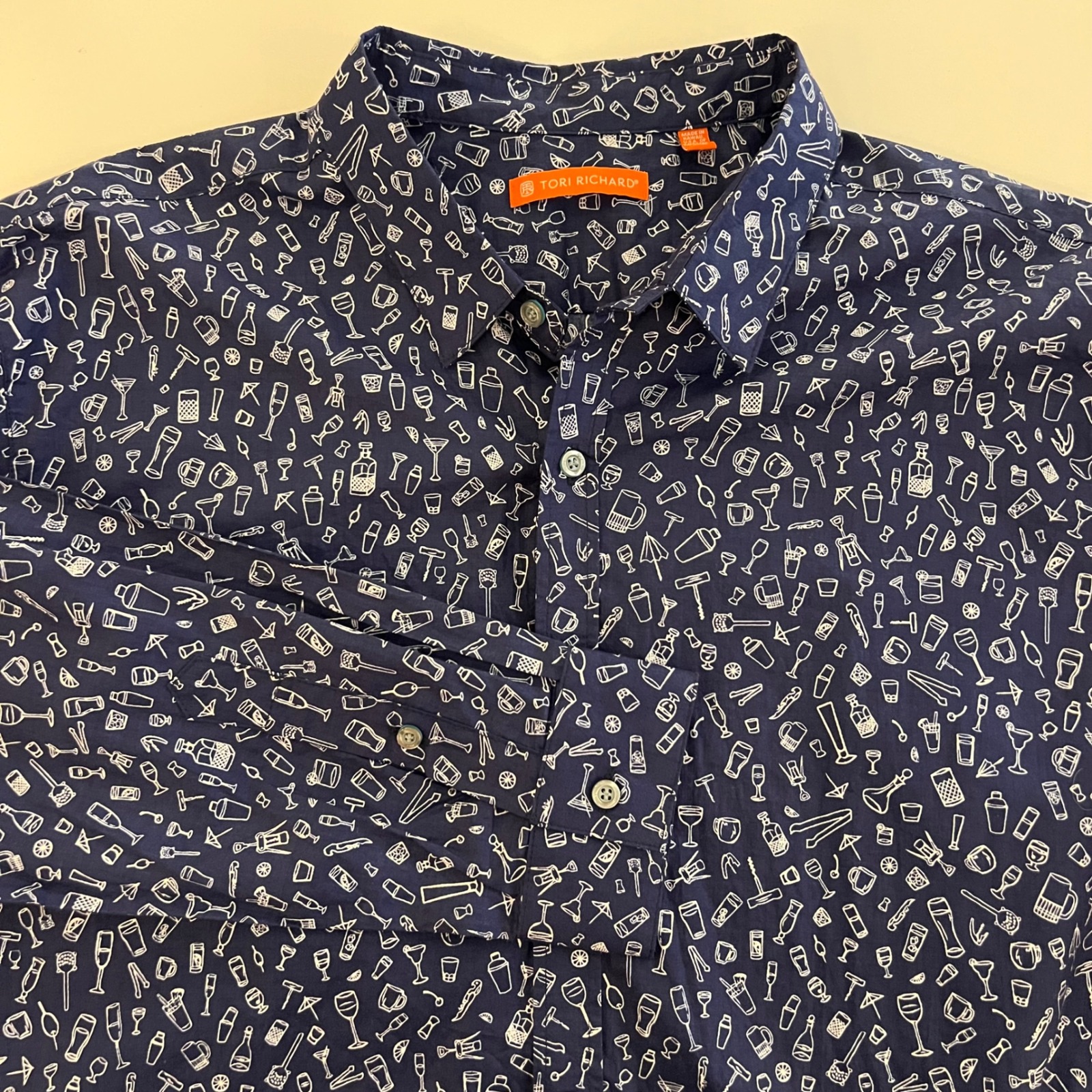 Tori Richard Mens Xl Cotton Lawn Navy Blue Cocktail Barware Print Shirt 0577-639